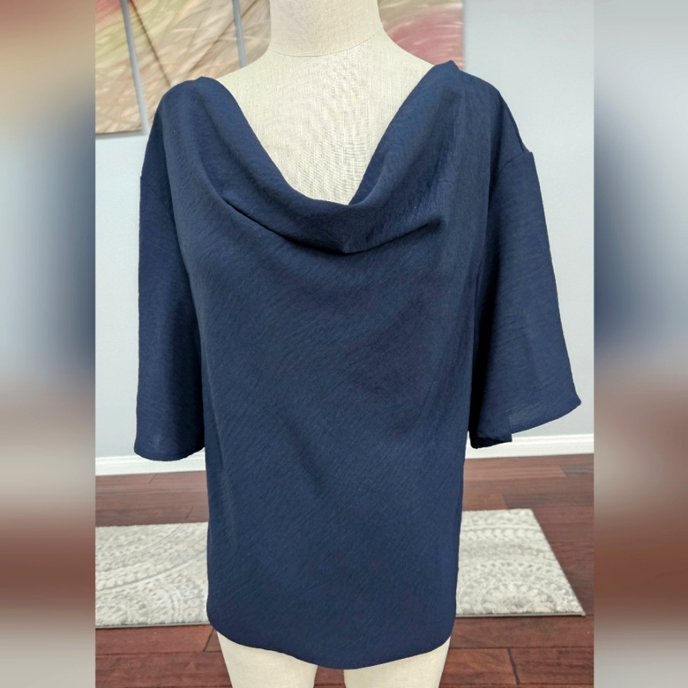 Shein- Navy Blue Polyster Cowl Neck Top, Blouse. Womens Sz Large